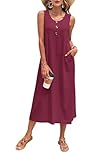 PLOKNRD Women's Summer Maxi Dress 2026 Sleeveless Button Down Casual Loose Beach Sundress Travel Vacation Outfits(Wine Red,M)