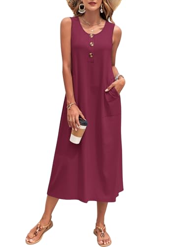 PLOKNRD Robe Longue Femme Été - Robe sans Manches Maxi Plage à Boutons avec Poches - Robe Décontractée Tank Top pour Vacances Bordeaux M