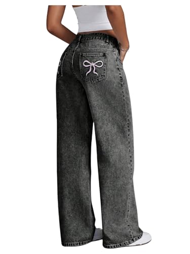 Melliflo Womens Bowknot Embroidery Y2k Jeans High Waisted Straight Denim Pants Basic Wide Leg Fun Jeans