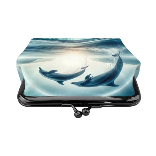 Pu Leather Buckle Coin Purse Dolphins-Leaping-Ocean Girls Kiss-Lock Change Purse Wallets2