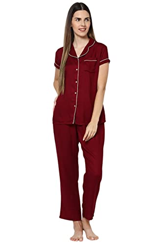 Image of Evolove Women's Polyester Half Sleeves Collared Night Suit Set /Top Pyjama Set Super Soft Comfortable (Nightsuit-Collar-HS-2)