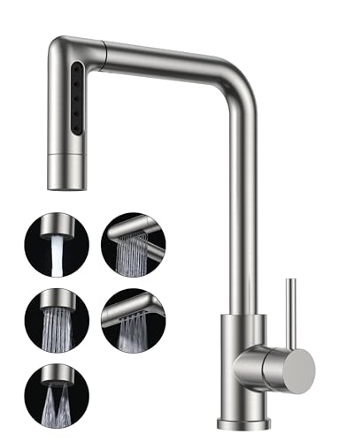 FORIOUS Grifo Cocina Extraíble, Grifo Cocina Fregadero con 5 Modos de Chorro, Acero Inoxidable Giratorio 360°, Monomando Para Agua Caliente y Fría Torneira de Cozinha