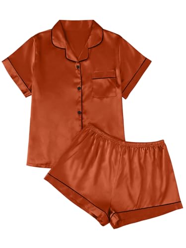 Image of LILLUSORY Silk Satin Pajama Set for Women Summer Two Piece Fall Lounge Pjs | Cozy Matching Sleepwear, Short Sleeve Button Down Shirt and Shorts, Soft Loungewear with Pocket, Cute Trendy Clothing