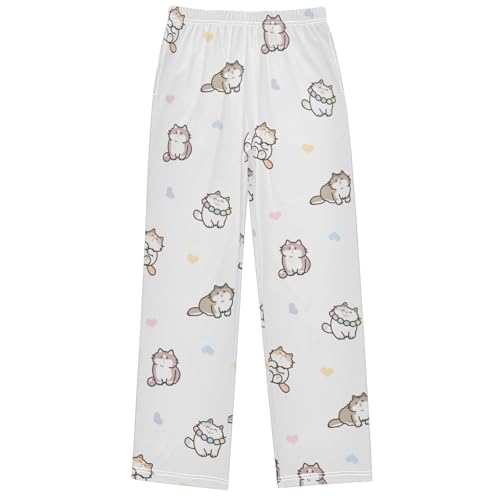 Boy's Pj Pants Cute Cartoon Cat White Lounge Bottoms Elastic Waist Kids Joggers with Pockets Size 6-14