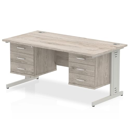 Image of OPO Impulse Freestanding 1600mm Cable Managed Rectangular Table with Fixed Pedestal | Sturdy Build Weather & Heat Resistant Melamine Finish Meeting Table Grey Oak Silver 3 Drawer x2