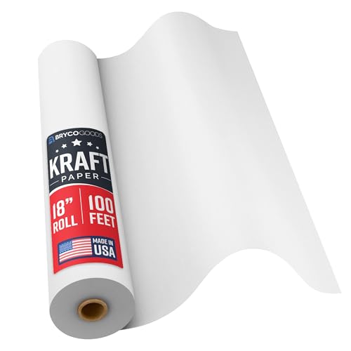 Bryco Goods 18”x1200” (100’) White Wrapping Paper – Kraft Paper Roll for Painting, Drawing, Banner, Bulletin Board, Easel Use, Floor Covering, Packaging, Shipping, Arts & Crafts – Made in USA