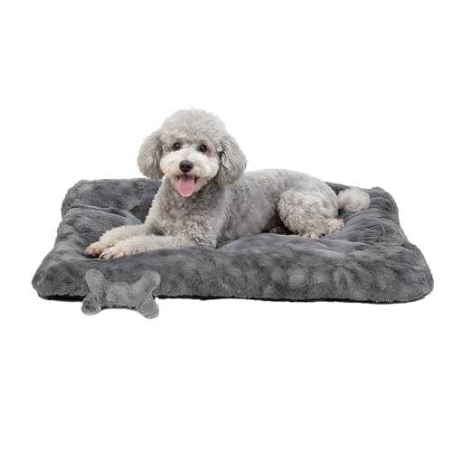Razyzil Washable Dog Bed for Small to Large Dogs, Calming Anti Anxiety Medium Dog Bed, Deluxe Plush Faux Fur Crate Beds, Comfy Fluffy Kennel Pad Pet Sleeping Mat Non-Slip Bottom, 35"x22", Dark Grey