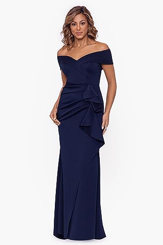 Image of Xscape Women's Long Off-the-Shoulder Sweetheart Neckline Formal Evening Gown with Ruching and Draped Ruffle Detail