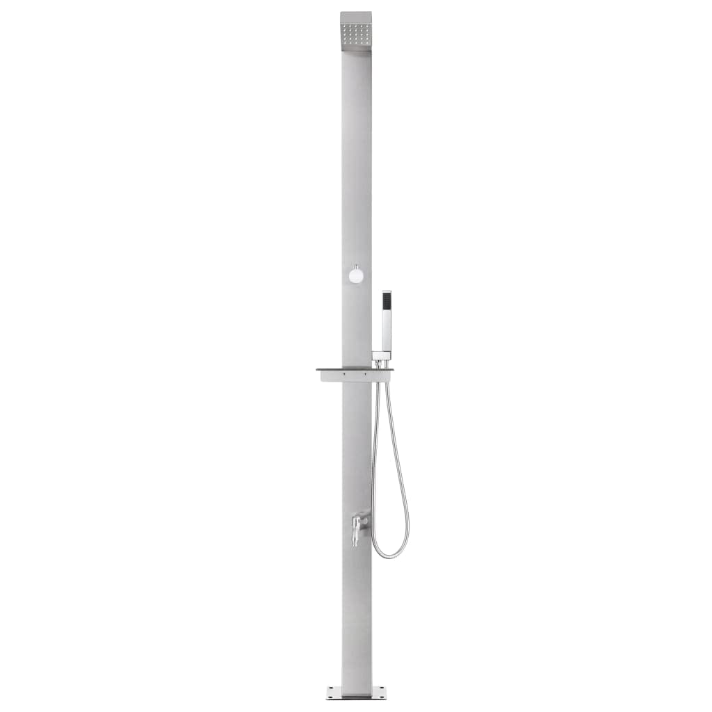 Ducha de jardín con base marrón de acero inoxidable de 225 cm de altura, placa de suelo WPC para piscina y piscina, ducha exterior con ducha de cabeza, ducha de mano y grifo de lavado de pies