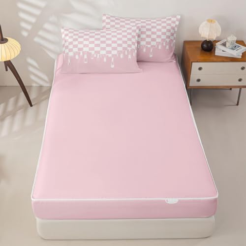 Image of White Pink Checkered Easy Wash Zipper Bedding Full,Checkerboard Drip Removable Cover Comforter Set with Deep Pocket Fitted Sheet,Y2K Aesthetic Geometric Soft Breathable Bed in a Bag for Dorm Bedroom