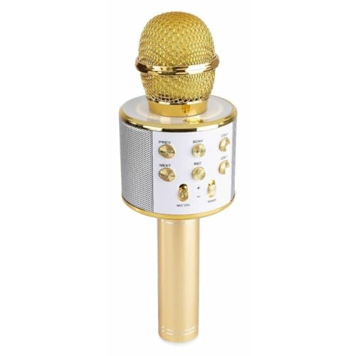 MAX KM01 Micrófono de Karaoke Inalámbrico para Niños con Bluetooth, Altavoces Incorporados, Efecto Eco, Cambiador de Voz, Micro SD, USB, Función Selfie - Dorado