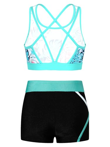 Kids Girls Dance Gymnastic Outfit Sleeveless U Neck Crop Top With Shorts Set Sport Training Dancewear Leaf 14 Years2