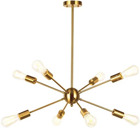 VINLUZ Sputnik Chandelier Contemporary 8 Lights Brushed Brass Modern Pendant Lighting Gold Mid Century Ceiling Light Fixture for Dining Room Bed Room Kitchen Room UL Listed