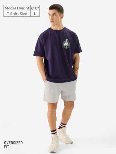 Image of The Souled Store Official Disney: Quack Hard Men and Boys Short Sleeve Round Neck Purple Cotton Oversize T-Shirt