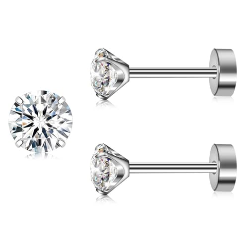Artskin Titan Cubuic Zirkonia Ohrstecker für Frauen Männer CZ Ohrring hypoallergen flach zurück Mädchen Ohrring Set für Knorpel (Silver, 4MM)