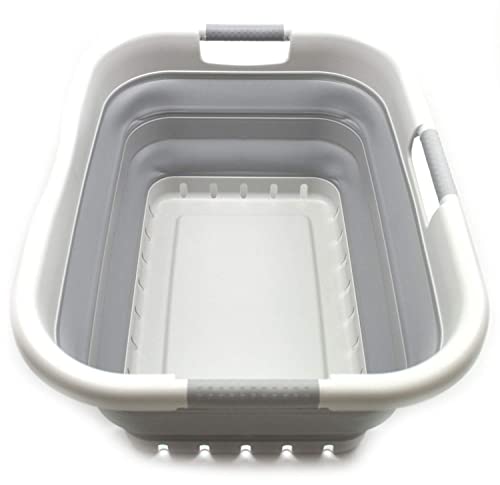 Image of SAMMART 41L (10.8 gallon) Collapsible Plastic Laundry Basket - Foldable Pop Up Storage Container /Organizer - Portable Washing Tub - Space Saving Hamper /Basket (3 handled rectangular, Grey /Grey)