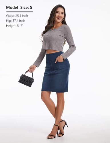 THE GYM PEOPLE Jupe en jean extensible taille haute pour femme, longueur genou, coupe ajustée, fente arrière avec poches, noir foncé, Taille M – vue 7