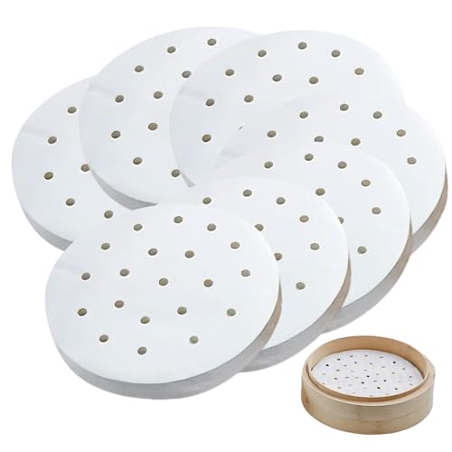 FortuneGlobe 200pcs de papel perforado 25.5cm de bambú para cocinar al vapor y al vapor, 8 pulgadas de papel de pergamino antiadherente como papel dim sum, freidora de aire