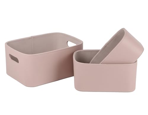 HofferRuffer Faux Leather Storage Baskets Bins with Velvet Lining for Organizing, Storage, Gifts, Set of 3 Nesting Shelf Baskets Decorative Storage Boxes for Home Organization (Pink)
