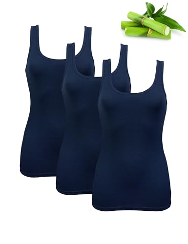 Basic Treasure Lot de 3 Maillots de Corps pour Femme à Bretelles Spaghetti, en Bambou de qualité supérieure, aéré et Fin, Marine | Débardeur, XL