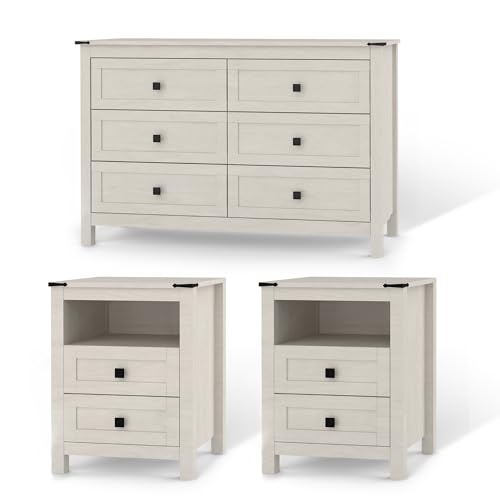 CATMIX Farmhouse Bedroom Set, 3 Pieces Bedroom Furniture Set, Rustic Wood 6 Drawer Dresser and Nightstands, Chest of Drawers Wide Storage Organizer Cabinet for Bedroom