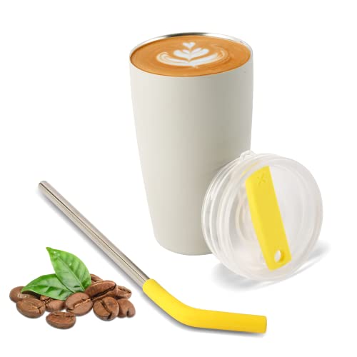 Surejoy Thermobecher 480ml, Kaffeebecher To Go, Edelstahl Doppelwandig Vakuum Auslaufsicher Kaffee To Go Thermo mit Deckel Becher mit Strohhalm, Trinkbecher Tumbler Travel Mug Autobecher, Grau Cover