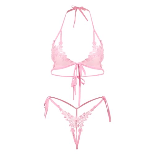 Image of VicSec Women Sexy See Through Lingerie Set Two Piece Floral Embroidery Mesh Bra and Panty Self Tie Strappy Babydoll Halter Top Criss Cross Tiny String Underwear for Beach Party Club (Pink, One Size)