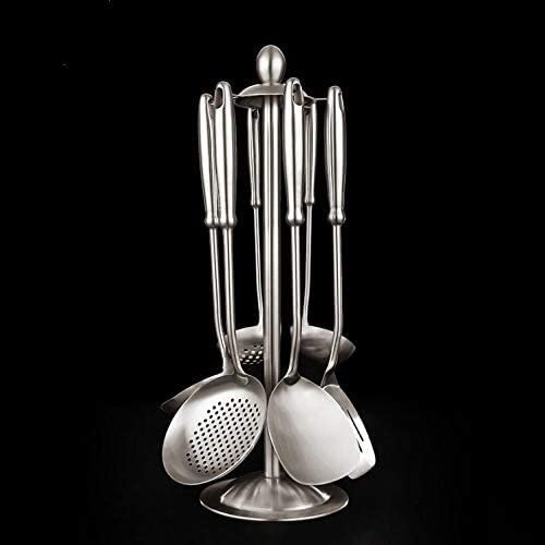IUokLU Kitchen Utensils Set,Chef Kitchen Cooking Utensils 7pcs Kitchen Utensil Set Stainless Steel Turners Spatula Spoon Shovel Colander Rice Scoop Durable Cooking Tool Set Storage Rack