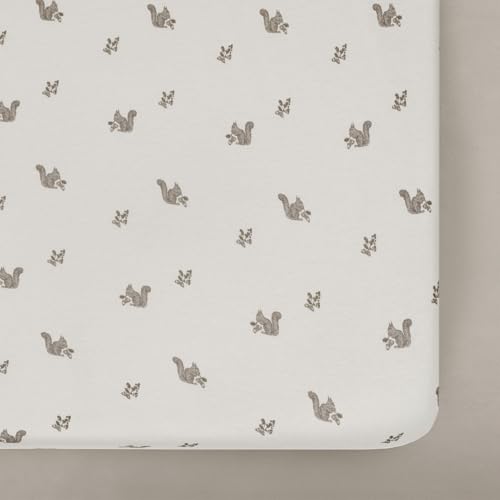 Image of Oilo Crib Sheet, Breathable, Fitted, Organic Cotton Jersey, 300-Thread, Machine Wash, Fits Standard Crib (28 inch x 52 inch x 9 inch), Toddler Bedding, Heirloom Organic Collection, Squirrel
