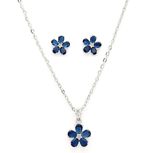 Image of ZENEME Rhodium Plated Silver Toned American Diamond Studded Floral Shaped Pendant Chain With Earrings Jewellery Set For Women And Girls
