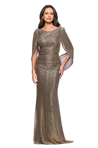 Image of Betsy & Adam Women's Floor Length Metallic Crinkle Knit Boat Neck Draped Cape Sleeve Evening Gown