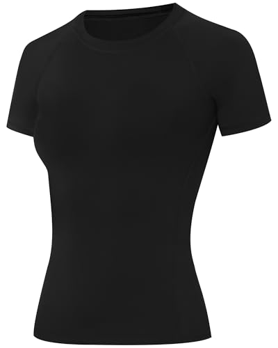ELIRAVO Kompressionsshirt Damen Kurzarm Sportshirt mit Raglanärmeln Atmungsaktiv & Schnell trocknend Funktionsshirt für Fitness Gym Laufen Yoga Schwarz Klassisch & Vielseitig M