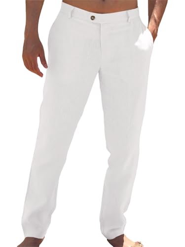 Runcati Mens Casual Pants Elastic Waist Linen Lightweight Straight-Legs Loose Fit Summer Beach Yoga Trousers