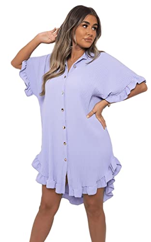 Crazy Girls Womens Plisse Shirt Dress, Lilac, XL UK 16-18