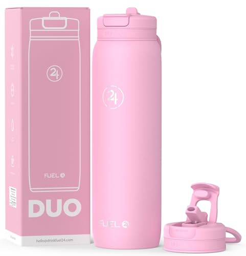 Fuel24 Duo - Stainless Steel Water Bottle 700ml or 1L - Vacuum Insulated Metal Flask with Straw (Dual use Lid) 1 Litre - for Sports, Gym, Work – Slim Design (Blush, 1000 ml)