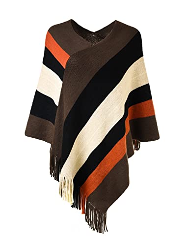 Ferand - Pullover Poncho de Punto para Mujer - Estola, Chal Elegante, Diseño de Rayas Grandes y Flecos, Cálido - Talla única - Marrón y Negro