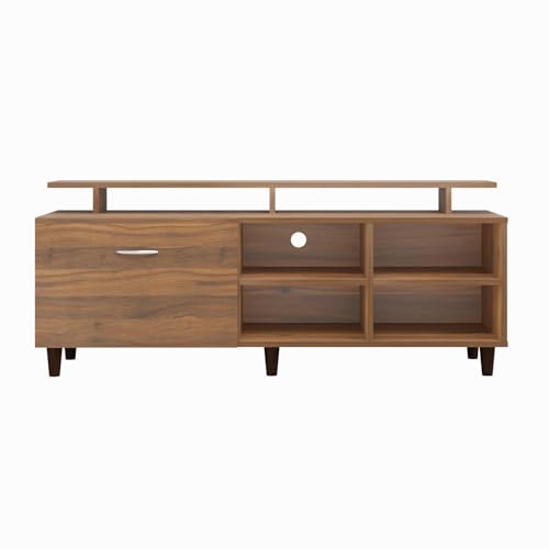 Image of VIKI Modern TV Unit for Living Room | Engineered Wood TV Cabinet with 1 Drawer Storage, 2 Open Shelves & Extension, Entertainment Unit, 140W x 48H x 40D cm | DIY | 1 Year Warranty (Walnut)