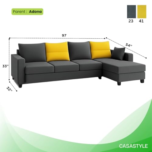 Image of CASASTYLE Texon 5 Seater Fabric RHS L Shape Sofa Set (Yellow-Dark Grey) Velvet Finish Comfortable Sectional Sofa Set
