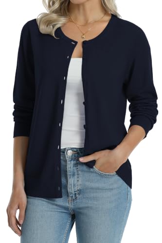 Image of QUALFORT Women's 100% Cotton Lightweight Cardigans Long Sleeve Knitted Button Down Sweater