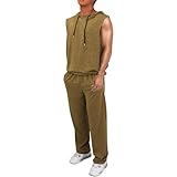 vejtmcc Chándal para hombre, 2 piezas, sin mangas, con capucha y pantalones deportivos, estilo callejero, ropa de calle, chándal para hombre, unisex, chándal deportivo, caqui, 3XL
