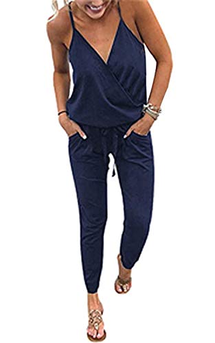 ECOWISH Women's V Neck Spaghetti Strap Drawstring Waisted Long Pants Jumpsuit Rompers Navy Blue Medium