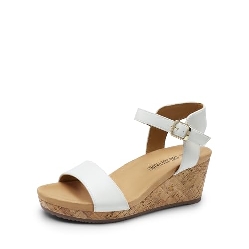 DREAM PAIRS Women's Open Toe Buckle Ankle Strap Platform Wedge Sandals Women 2025 8.5 White/Pu