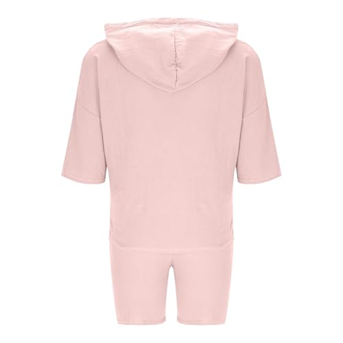 Xiaojmake 2 Piece Men Summer Sets Cotton Linen 3/4 Sleeves Hooded Top and Drawstring Shorts Pajamas Set Comfy Beach Outfits4