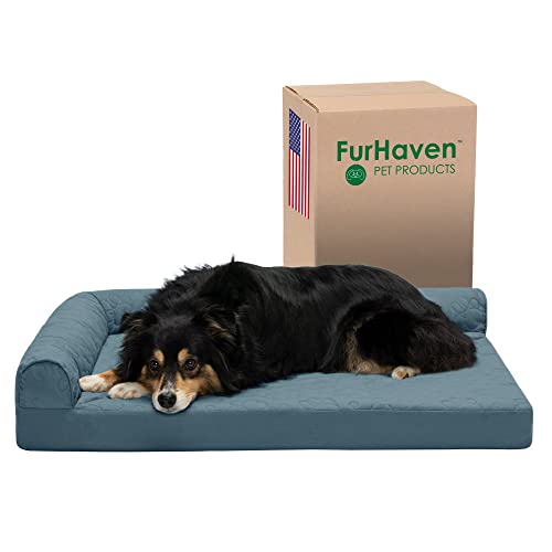 Image of Furhaven Cooling Gel Dog Bed for Large /Medium Dogs w / Removable Bolsters & Washable Cover, For Dogs Up to 55 lbs - Pinsonic Quilted Paw L Shaped Chaise - Bluestone, Large