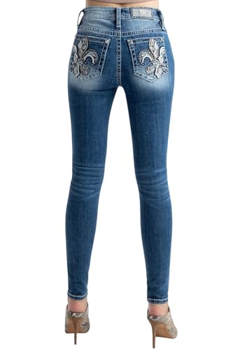 Miss Me Women's Detailed Fleur de Lis Mid-Rise Skinny Jeans (Medium Blue, 25W x 32L)