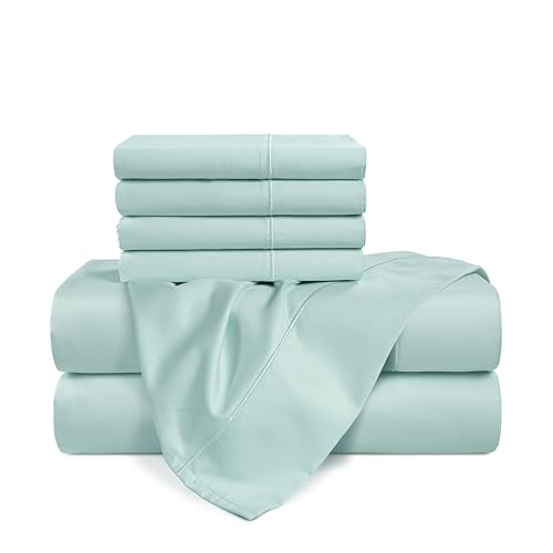 Casa Platino 100% Egyptian Cotton Sheets Queen Size Set - 6 Pcs (1 Flat, 1 Fitted, 4 Pillowcases) - Ultra Smooth Sateen Weave Bed Sheets Set with 15" Deep Pockets - Blue Sky