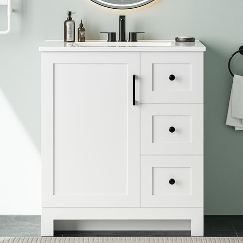 LIKIMIO 30' Bathroom Vanity with Sink, Freestanding Bathroom Vanity with 1 Soft-Close Door & 2 Drawers, Integrated Rectangular Ceramic Sink, Modern Bathroom Storage Cabinet, Easy Assembly, White