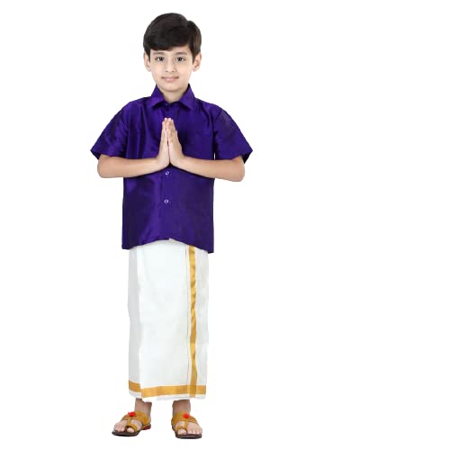 Image of BownBee Boys Silk Shirt and Mundu Dhoti South Indian Traditional Ethnic Dress for Kids with Half Sleeves, Button Closure Shirts for Baby Boy, Ideal for Any Festival Occasions & Wedding