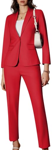 Kelyaa Women's 2 Piece Business Office Suit Lady Peaked Lapel Slim Fit One Button Blazer Jacket and Pants Set Red