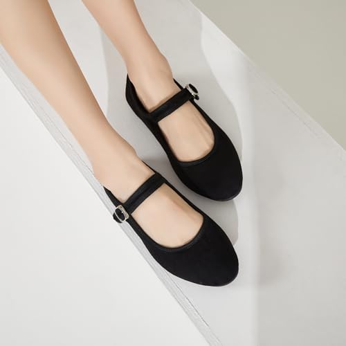 Image of BABUDOG Womens Mary Jane Flats with Strap,Faux Suede Black Flats Shoes,Flats Shoes Women Dressy Comfortable